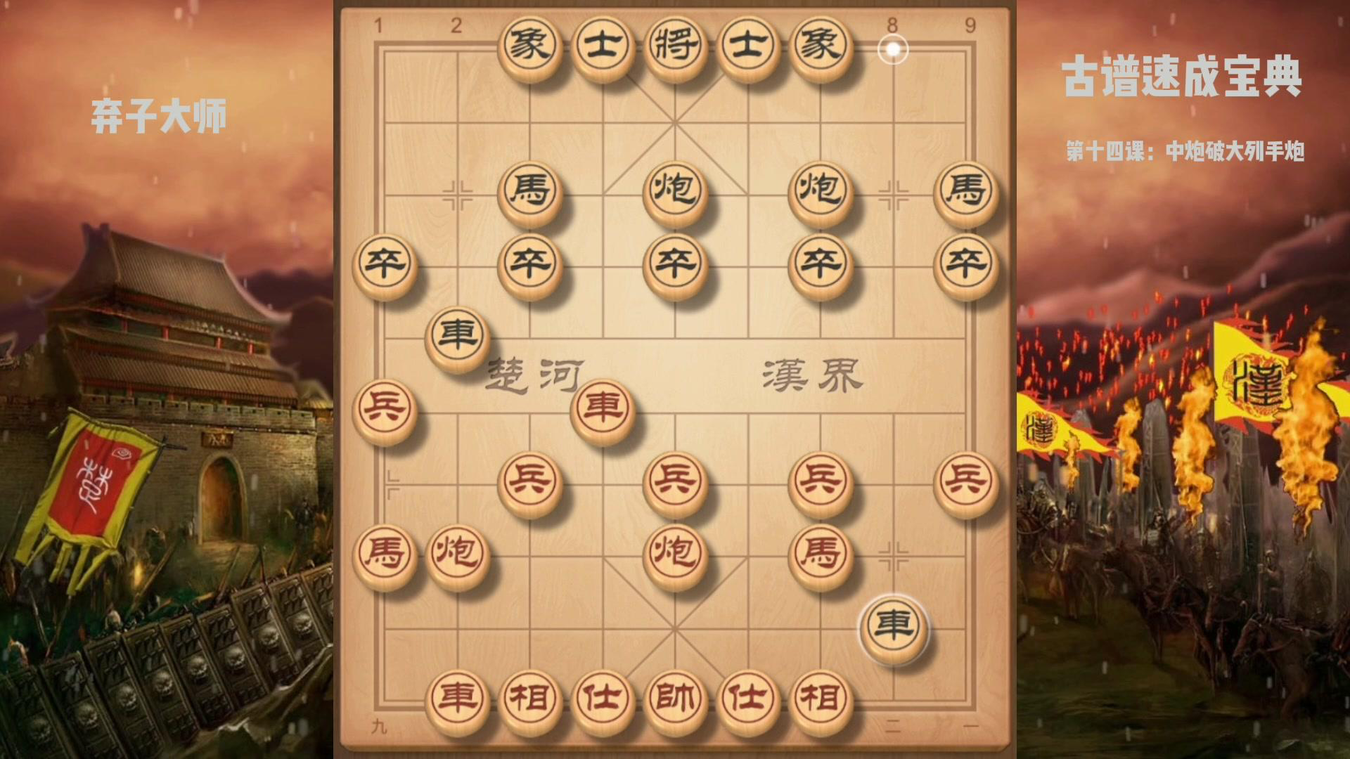 橘中秘中炮对顺炮的初始动态阵型图，标注出红黑双方炮位的对应关系