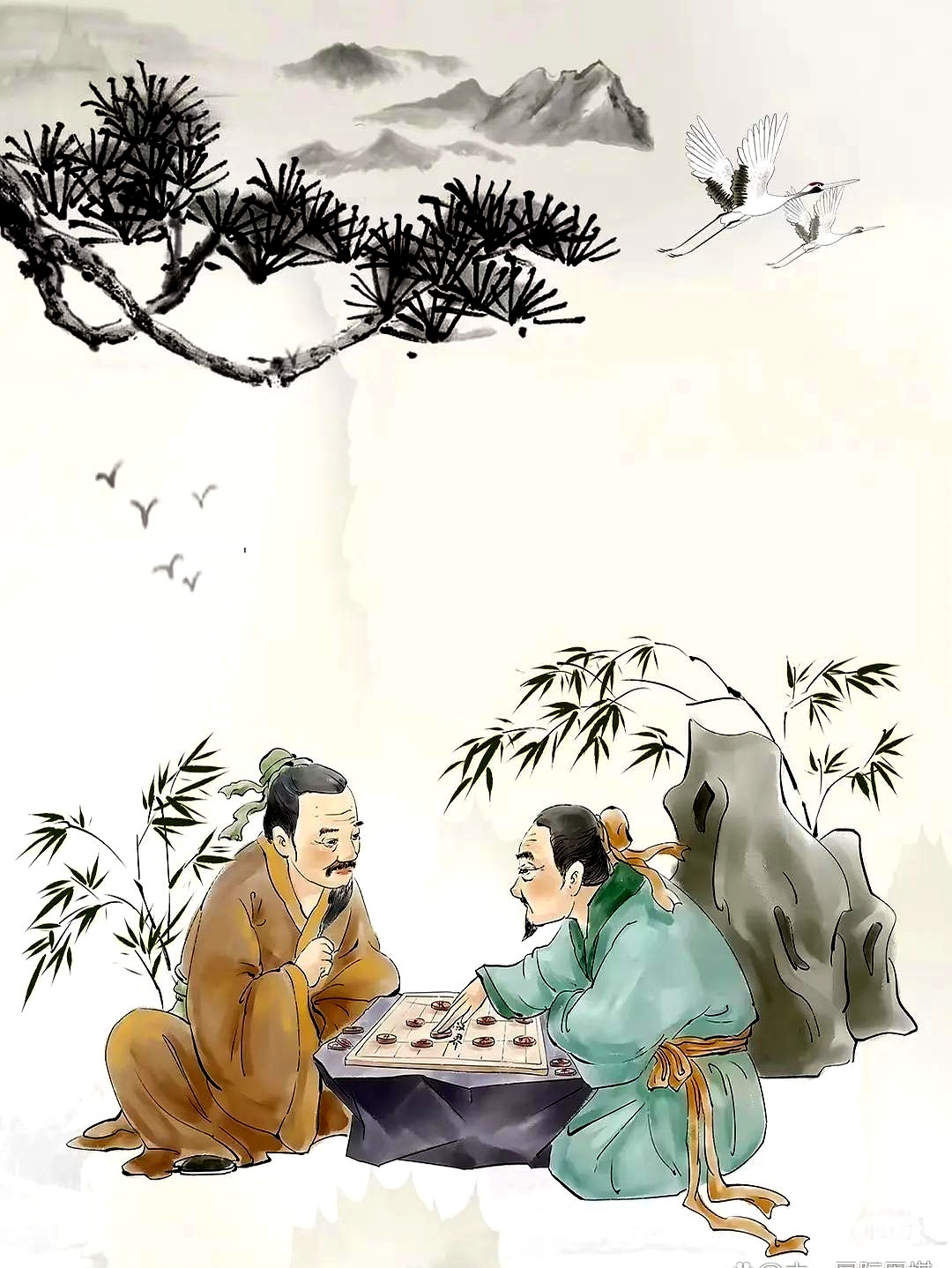 展现清代古风的对弈场景，两位名士在湖光山色间静心对弈，气氛凝重而雅致