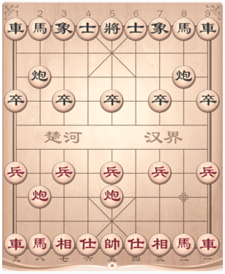 中国象棋当头炮开局示意图，展示红方炮二平五的初始布局